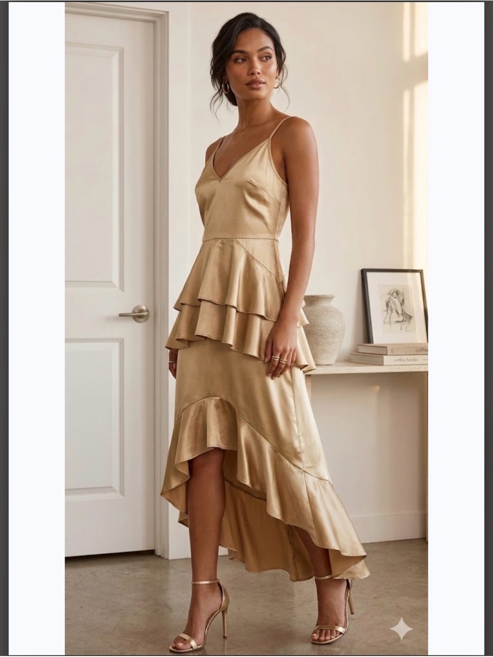 Missguided Women’s Gold Satin High-Low Tiered Slip Dress Size 10